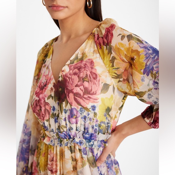 NWT Express XL Multi Floral V-Neck Long-sleeve Tiered Ruffle Maxi Dress - Picture 2 of 6